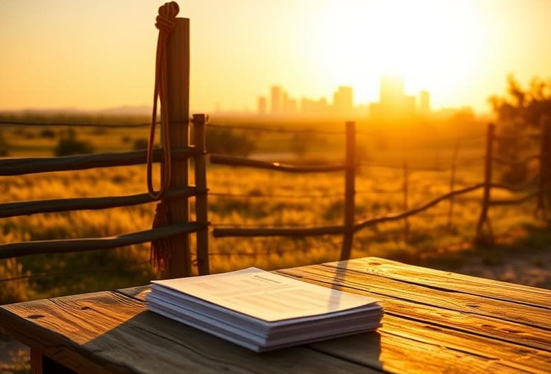 Texas ranch home with Houston skyline, lasso on fence, and property tax documents highlighting LLC
