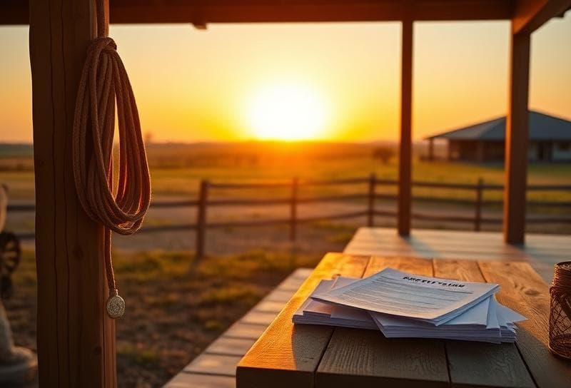 Texas ranch sunset with Houston skyline, lasso on fence, and property tax documents on porch.