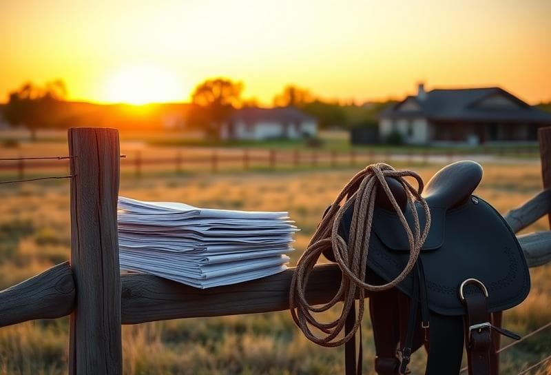 Texas ranch sunset with property tax documents and lasso, symbolizing protest firms saving money
