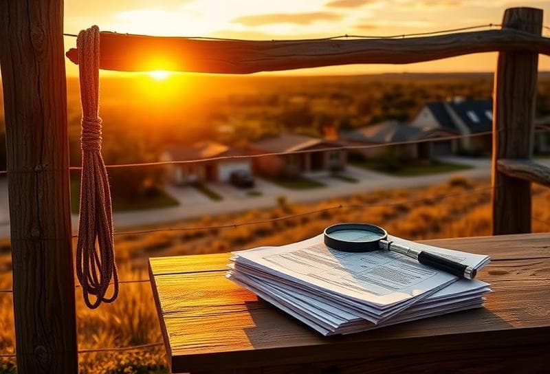 Texas ranch sunset with Houston suburbs, lasso on fence, property tax documents, and magnifying glass.