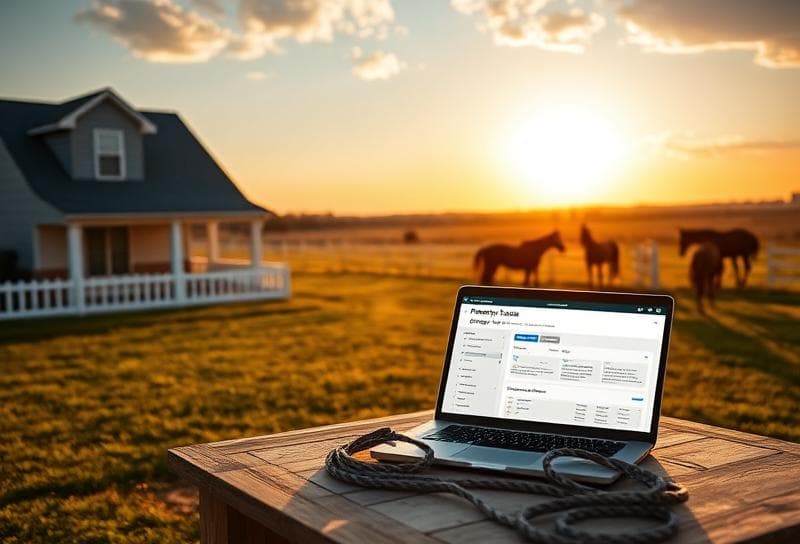Houston suburban home with CAD property tools on a laptop, lasso, and Texas ranch backdrop.