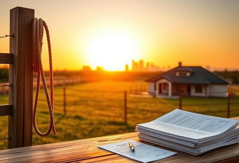 Sunset over a Texas ranch with a Houston-style home, lasso on fence, and property tax