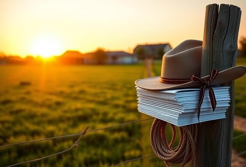 Texas ranch sunset with cowboy hat, lasso, and property tax documents tied with ribbon, symbolizing