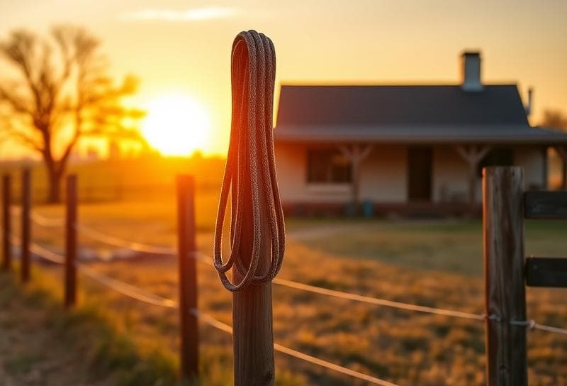 Texas ranch at sunset with lasso on fence, Houston skyline in distance, emphasizing CAD appraisal
