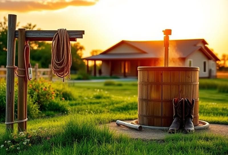 Serene Texas ranch sunset with a wooden water well, lush grass, and a modern ranch-style