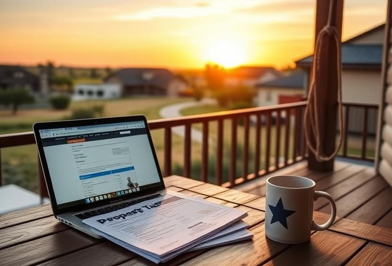 Texas ranch sunset with a desk setup for sales and use tax filing