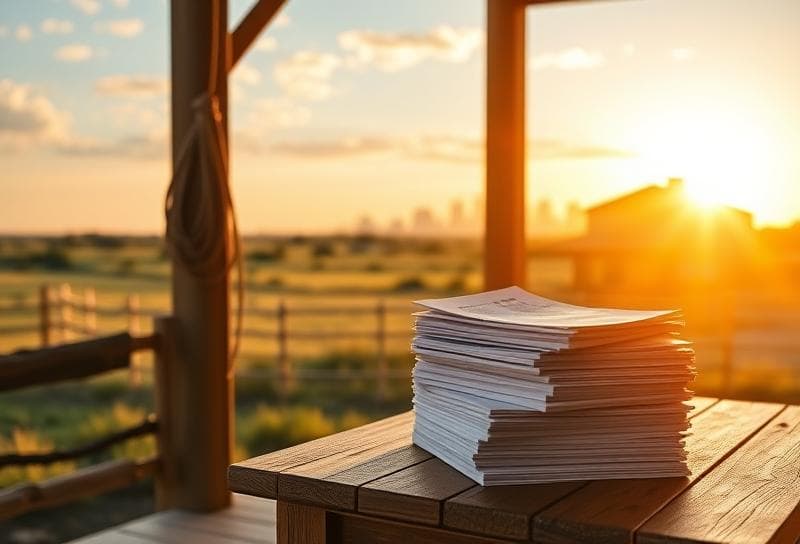 Texas ranch home with property tax documents, Houston skyline, and lasso on wooden fence, highlighting
