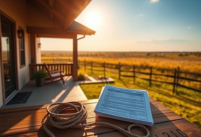 Texas ranch home with property tax documents and lasso, symbolizing Houston property ownership and Texas