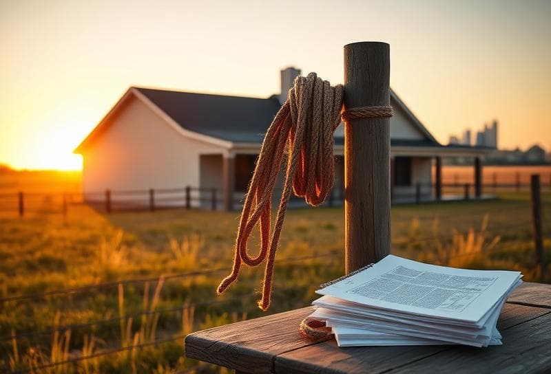 Texas ranch sunset with lasso, property documents, and Houston skyline, symbolizing business personal property tax