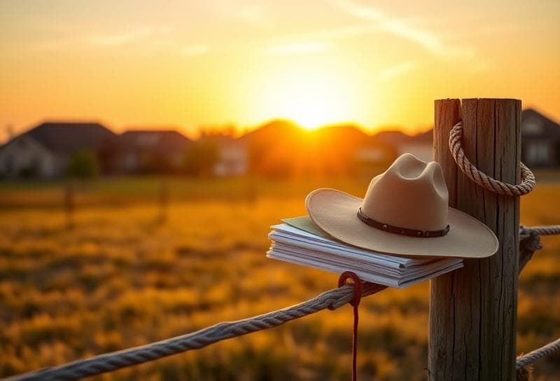 Sunset over a Texas ranch with a Houston suburb, lasso on a fence, and property