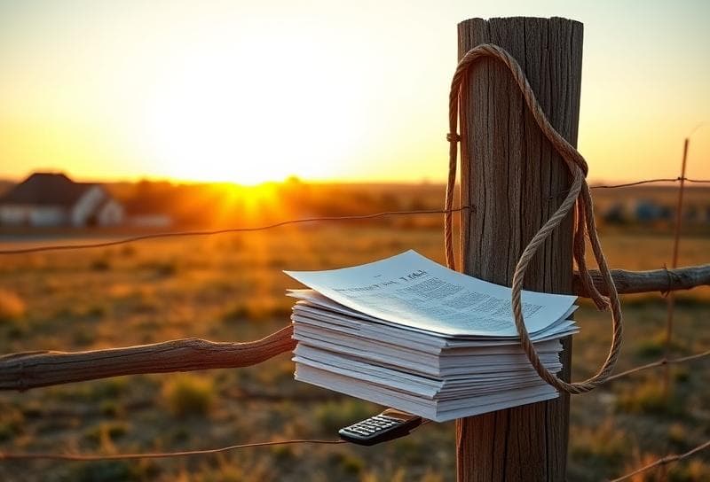 Golden hour Texas ranch with property tax documents, calculator, and lasso symbolizing tax-free savings options