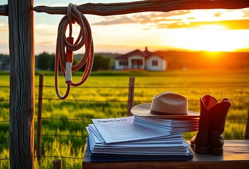 Texas ranch sunset with property tax documents, cowboy boots, and a lasso symbolizing homeownership responsibilities.