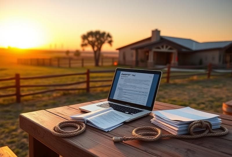 Modern ranch home at sunset with property tax documents on a rustic table, Houston skyline