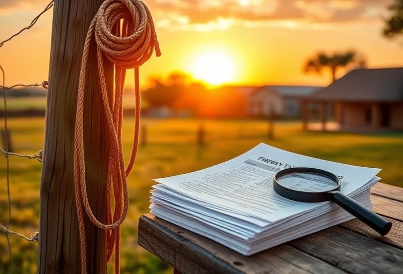 Sunset over a Texas ranch with Houston suburbs, lasso on a fence, and property tax