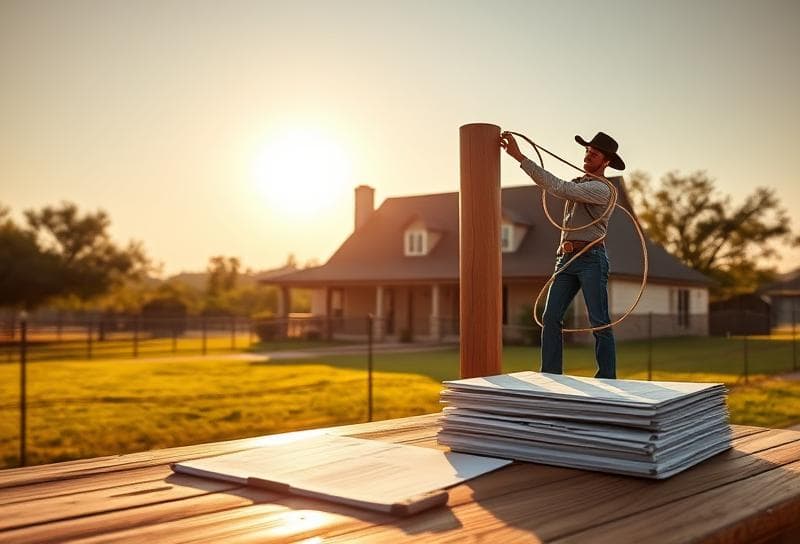 Sunlit Texas ranch with suburban home, cowboy lassoing post, and property documents on rustic table