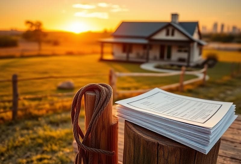 Texas ranch sunset with lasso, property tax documents, and Houston skyline, symbolizing assessment review consultants