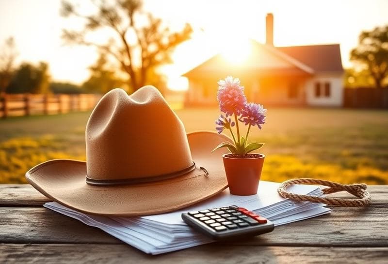 Cowboy hat on property tax documents with a lasso and Texas bluebonnet, symbolizing tax benefits