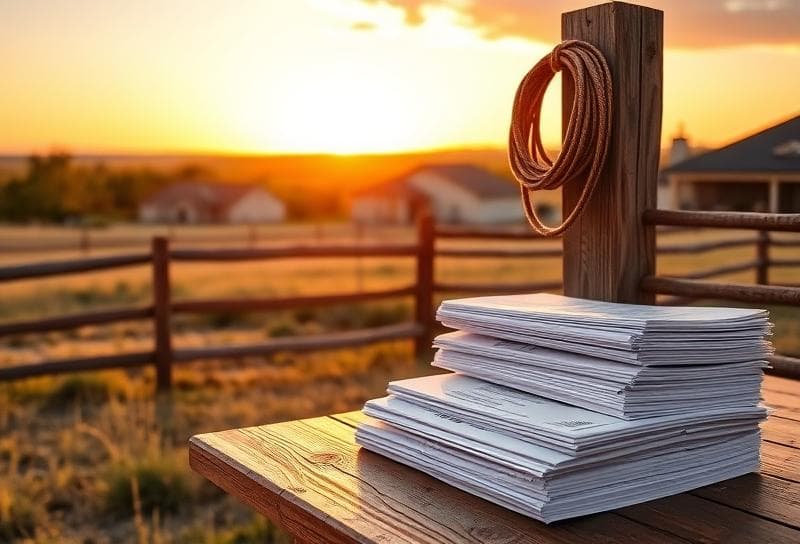 Texas ranch sunset with suburban Houston neighborhood, lasso on fence, and property tax documents