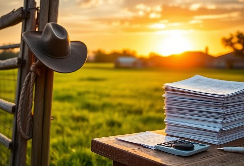 Texas ranch sunset with cowboy hat, lasso, and property tax documents on rustic table, highlighting