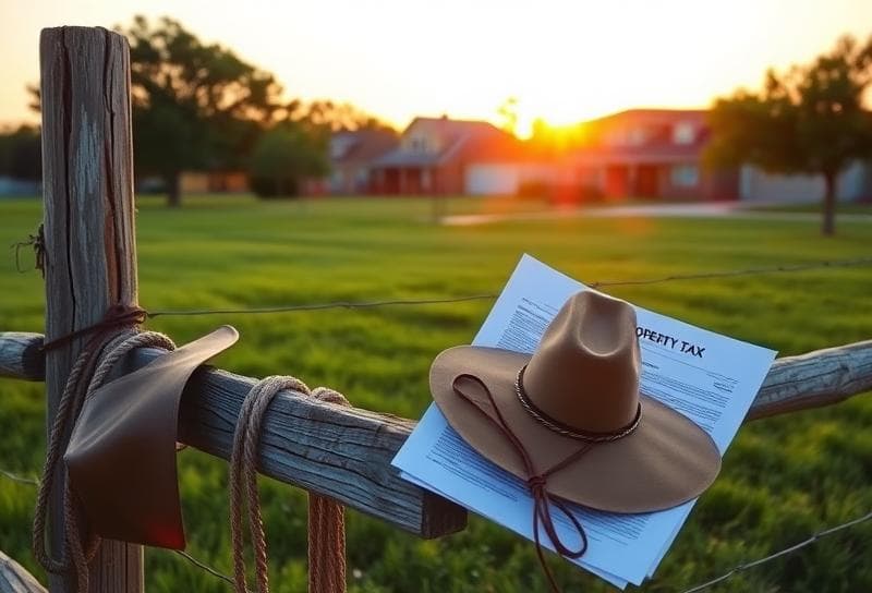 Texas ranch sunset with property tax documents, cowboy hat, and lasso on a wooden fence.