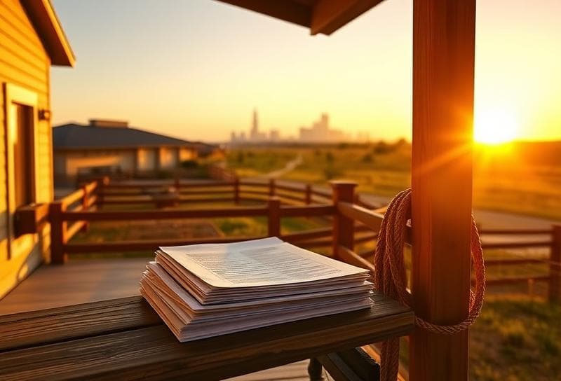 Texas ranch sunset with Houston home, property tax documents, and lasso near fence post.