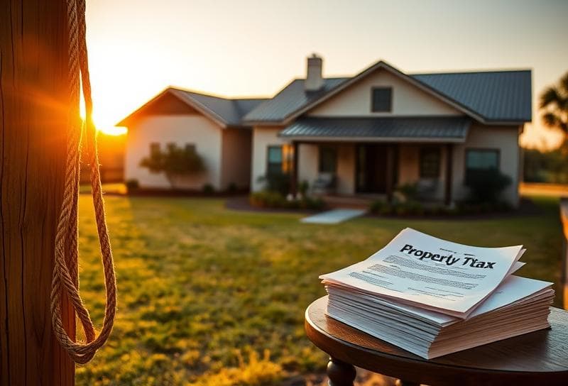 Sunset over a Houston ranch with a modern home, lasso on fence, and property tax