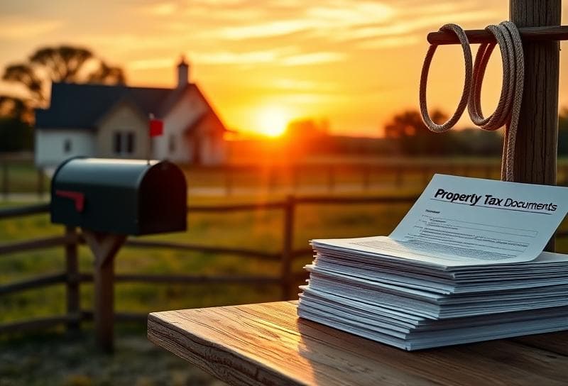 Texas ranch sunset with suburban home, cowboy lasso, and property tax payment documents on rustic