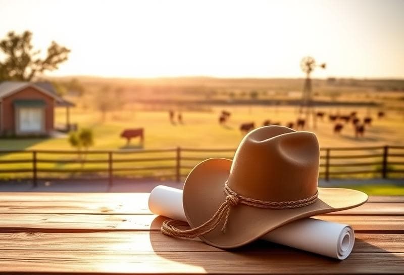 Sunlit Texas ranch landscape blending suburban home, grazing cattle, and property appraisal document with lasso