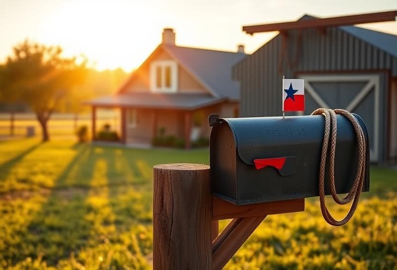 Sunlit Texas ranch with suburban home, cowboy lasso, and property tax document on fence post.
