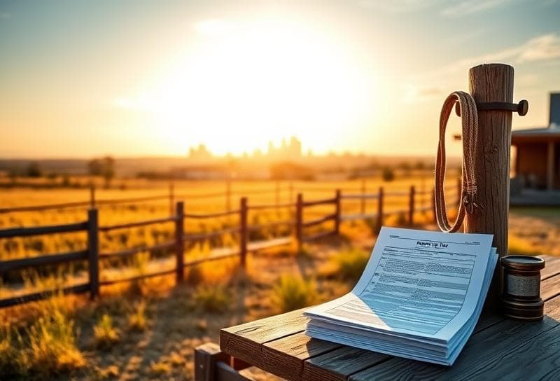 Sunlit Texas ranch with suburban home, lasso, and property tax documents on rustic table.