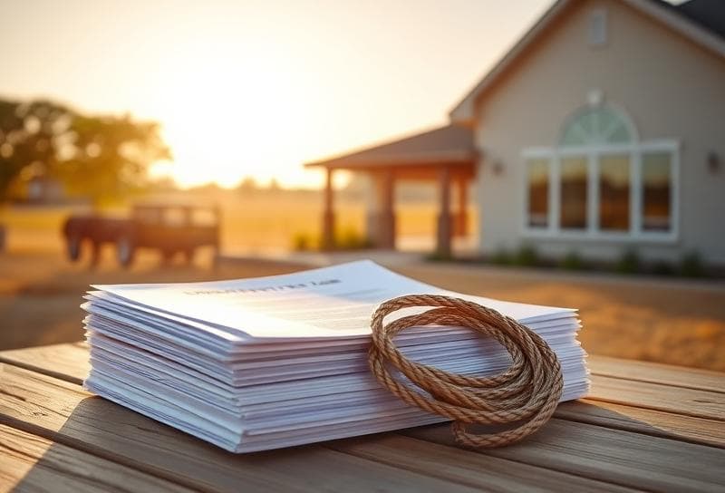 Sunlit Texas ranch with Houston home, property tax documents, and lasso symbolizing senior tax deferral