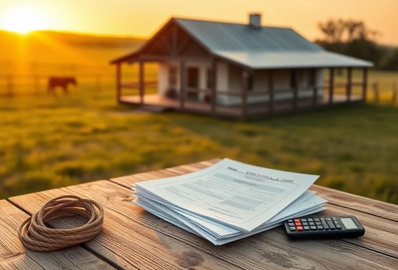 Texas ranch sunset with property tax documents, calculator, and lasso on a wooden table.