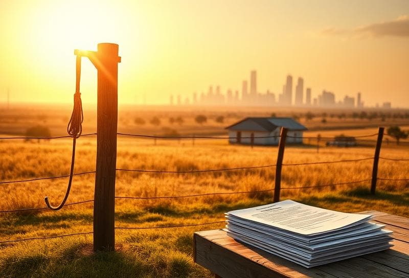 Ranch-style home with Houston skyline, lasso on fence, and property tax documents for real estate