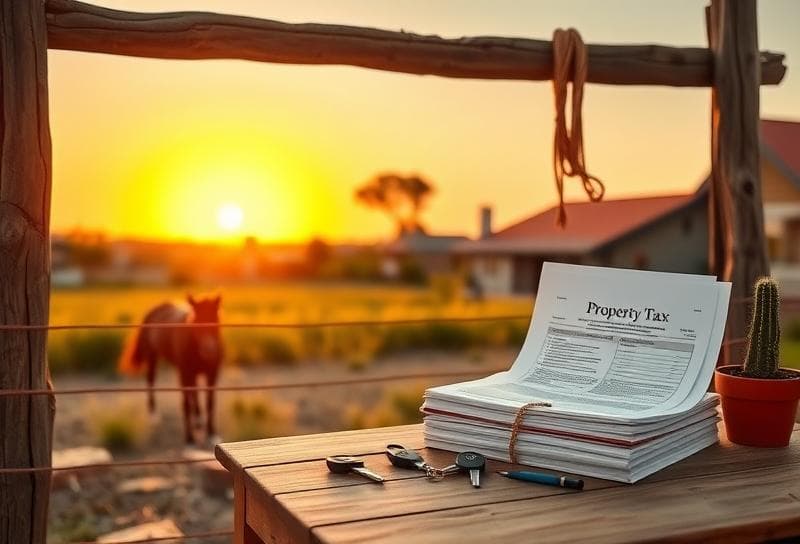 Sunset Texas ranch with property tax documents, lasso, and house keys, symbolizing Houston homeownership