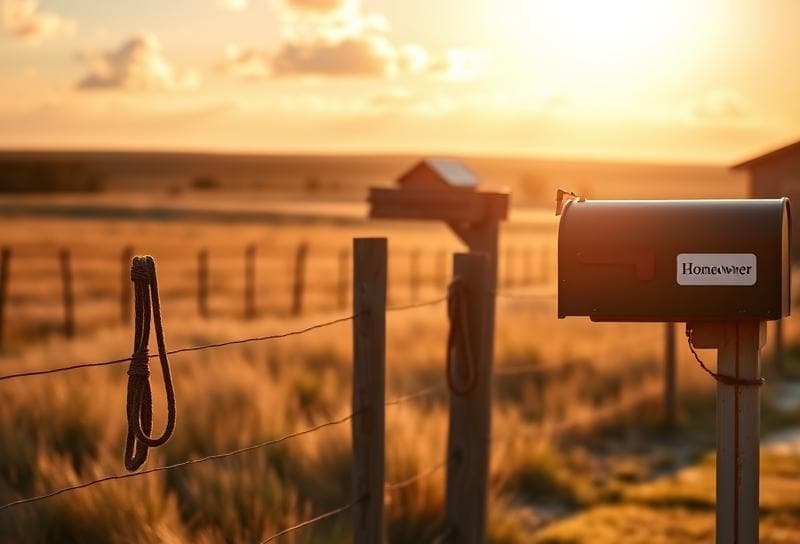 Sunlit Texas ranch with suburban home, lasso on fence, and property tax documents, highlighting revenue