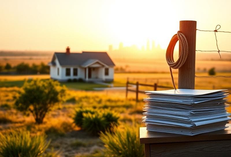 Sunlit Texas ranch with Houston-style home, lasso on fence, and property documents, blending tradition and modern technology
