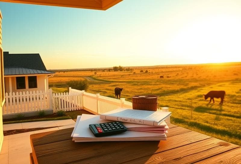 Houston suburban home with property tax documents, Texas ranch, and cowboy silhouette under golden-hour sky.