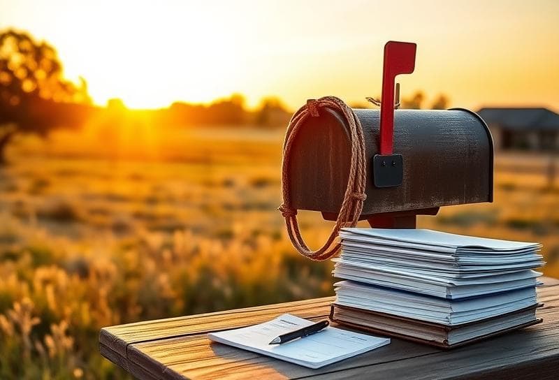 Texas ranch sunset with Houston suburb, lasso-draped mailbox, and property tax documents on rustic table.
