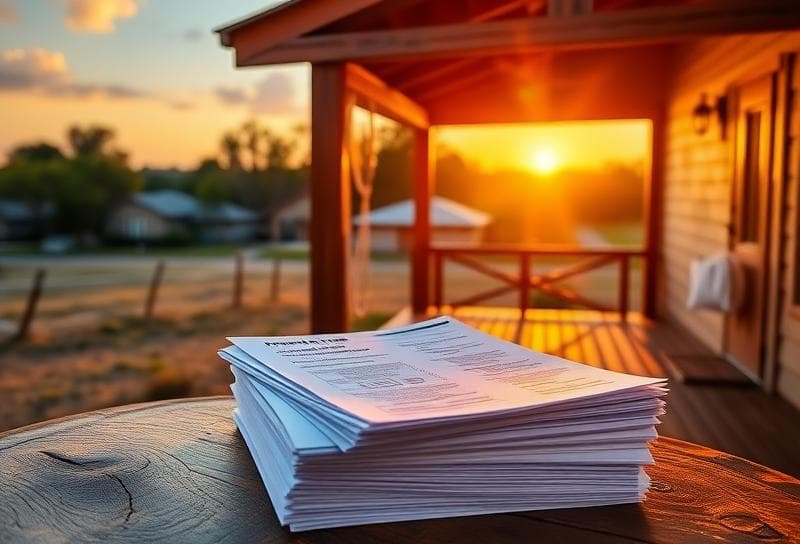 Texas ranch home at sunset with property tax documents, highlighting Houston's highest home taxes