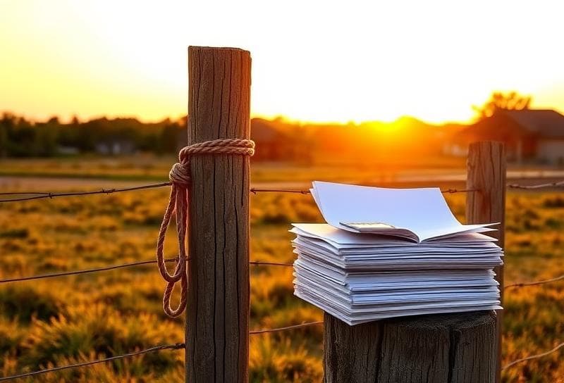 Sunset Texas ranch with property tax research documents, calculator, and lasso on a wooden fence.