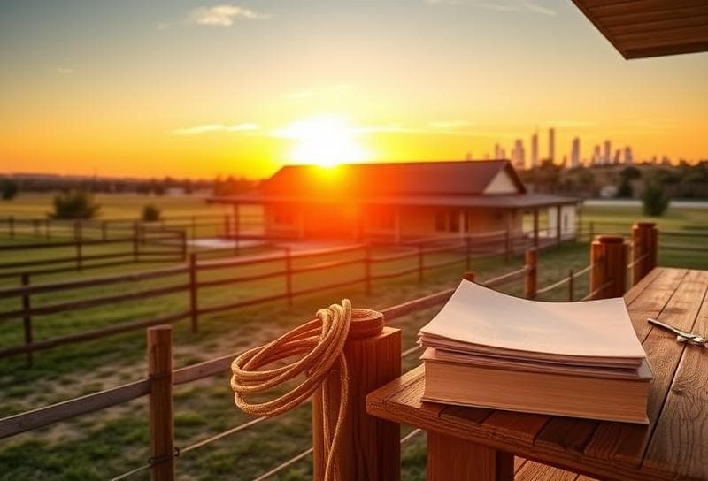 Texas ranch home at sunset with lasso on fence, property documents, and Houston skyline in