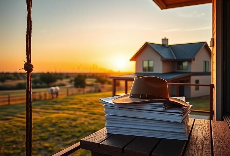 Modern Houston-style home on a Texas ranch at sunset, with lasso and cowboy hat, blending