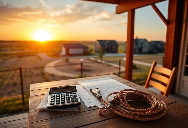 Sunset over a Texas ranch with Houston suburbs, desk with property tax documents, calculator, and