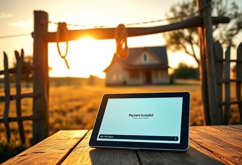 Rustic Texas ranch with a lasso on a wooden fence, modern tablet displaying MyTax Portal