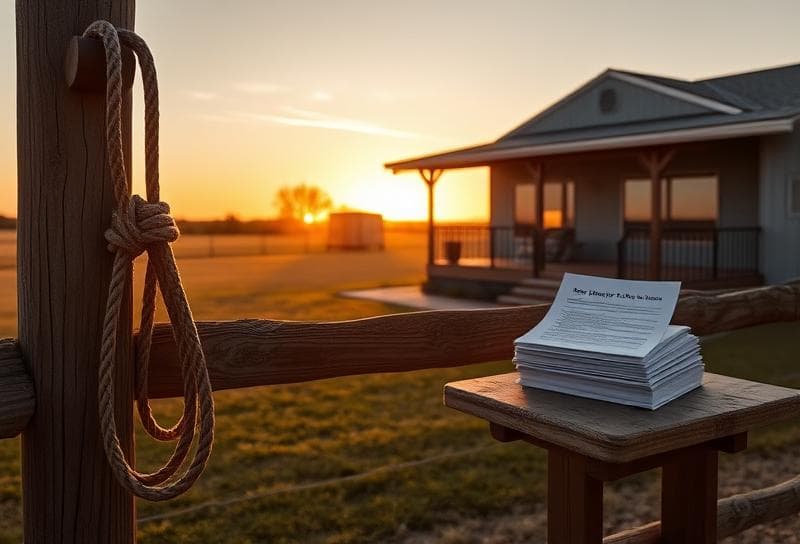 Sunset over a Houston ranch with a modern home, lasso on a fence, and property