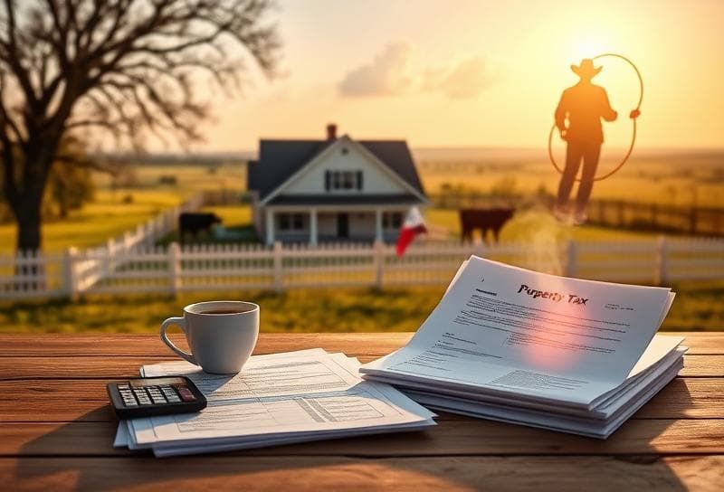 Houston suburban home with property tax documents, Texas ranch, and cowboy silhouette in the background.