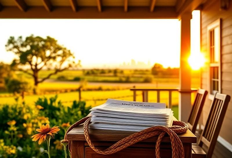 Houston ranch home with property tax documents and lasso on porch, my taxes login portal