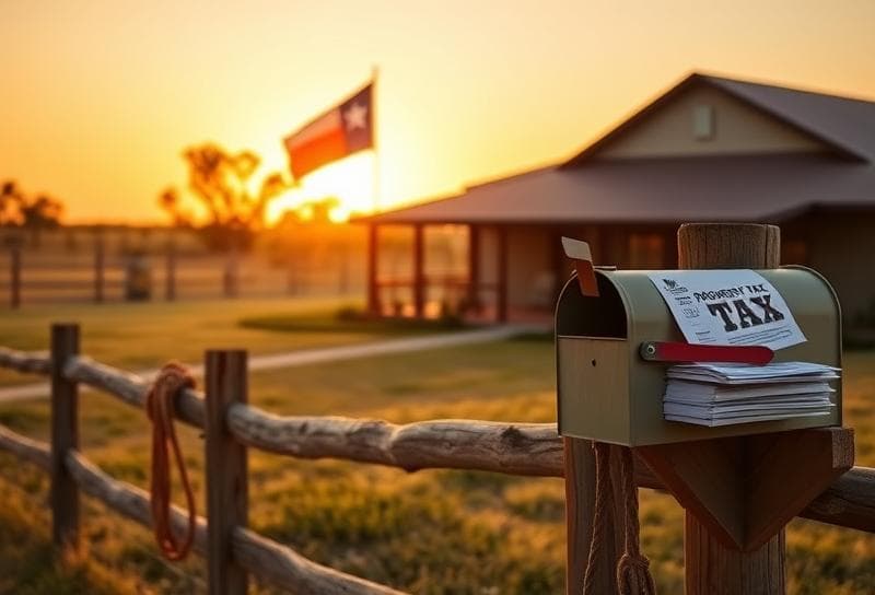 Texas ranch sunset with modern home, lasso on fence, and property tax experts documents on