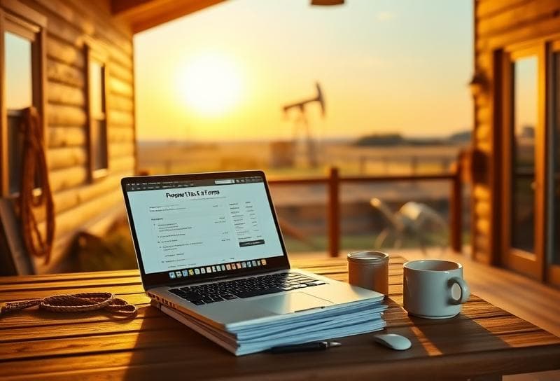 Rustic Houston ranch home with desk setup for filing homestead exemption protest online, Texas sunset