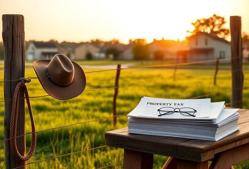 Texas ranch sunrise with property tax documents, cowboy hat, and lasso on a rustic wooden